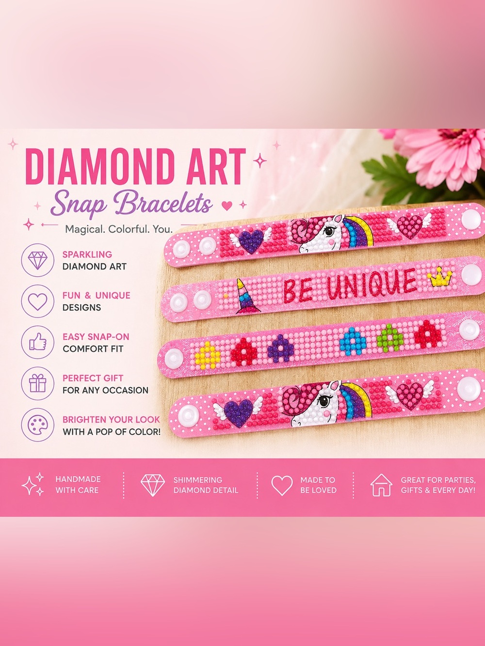 😻Unicorn Diamond Art Snap Bracelet Rhinestone Bracelet “Be Unique” Set of 3